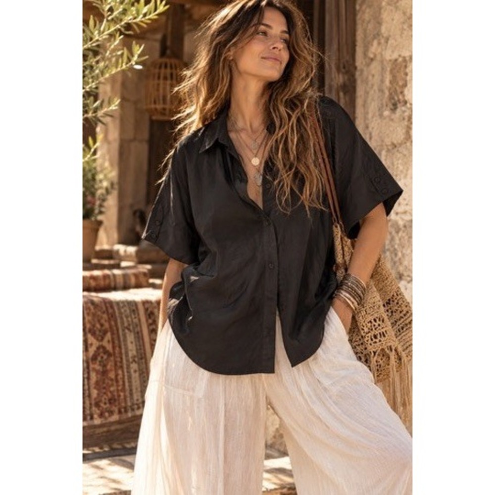 Universal Standard Womens L 22-24 Black Short Sleeve Button Down Shirt Plus